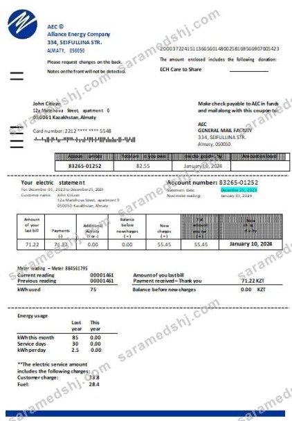 Kazakhstan Alliance Energy Company (AEC) utility bill scr